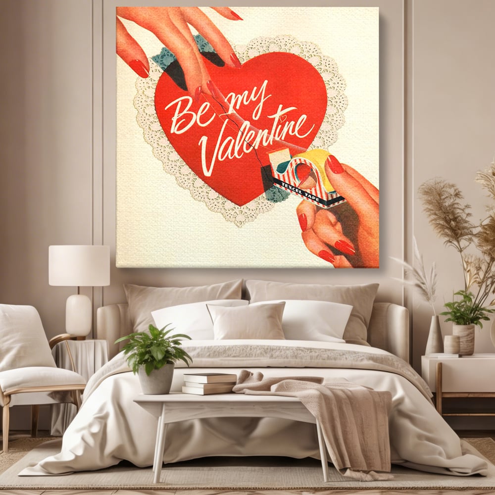 Tablou canvas cu ilustratie retro cu maini si inima, fara rama, pe sasiu de lemn, pe perete intr-un dormitor